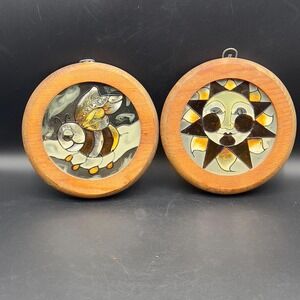 VTG Celestial Sun Honey Bee Painted Glass Suncatcher‎ Frame Wall Decor Set of 2